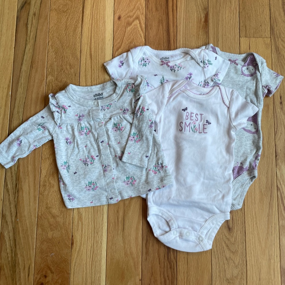 Carters 3-6 month purple short-sleeved onesies and jacket
